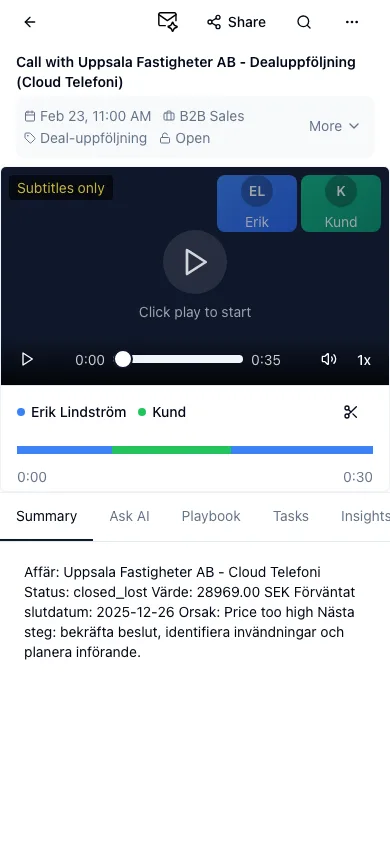 Full-screen mobile conversation with a compact toolbar and one row of tabs