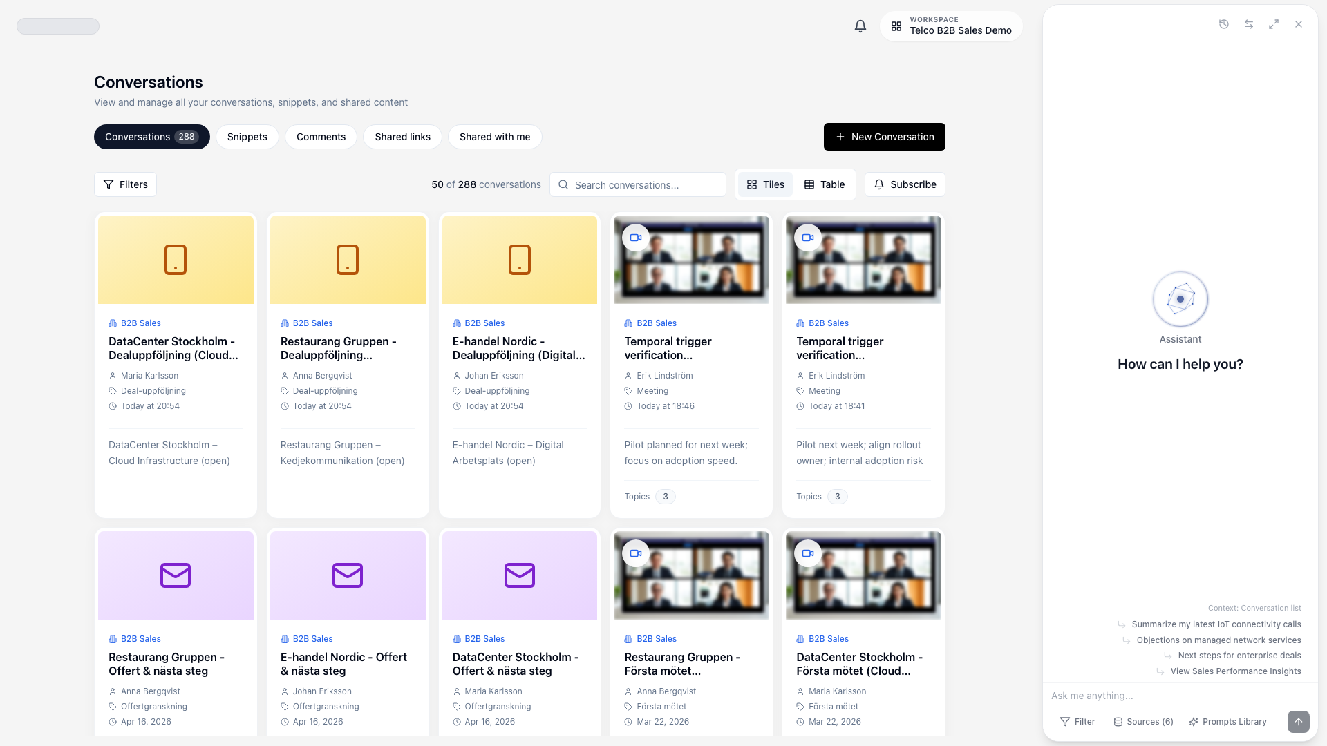 Conversations page bulk selection bar with delete action