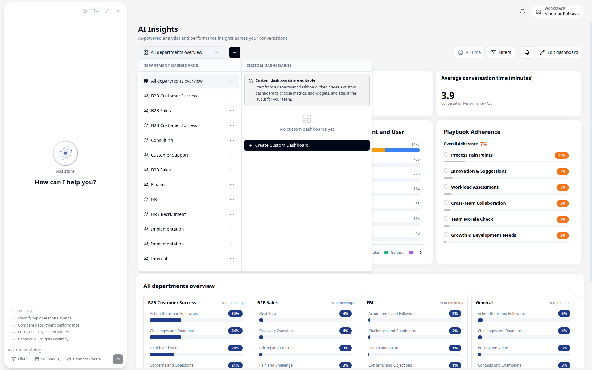 Insights dashboard selector showing department and custom dashboard options