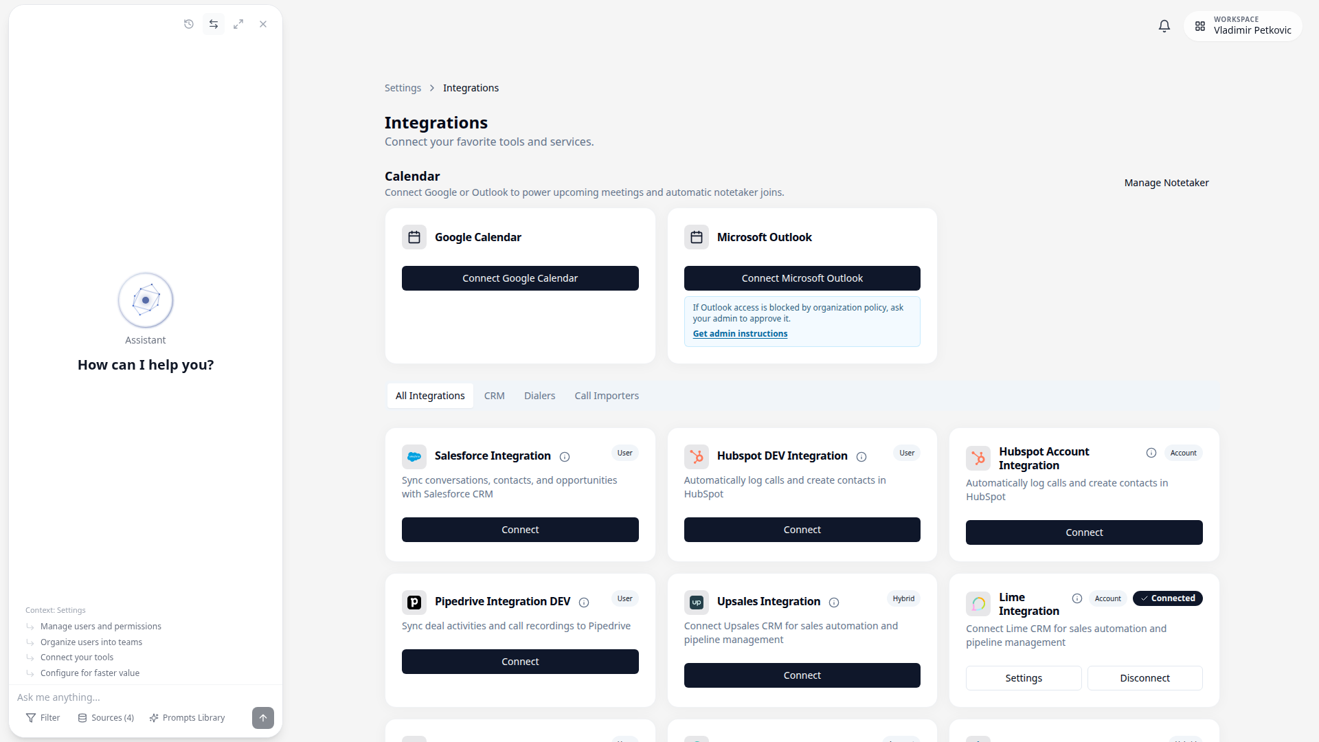 Current Integrations page in Settings