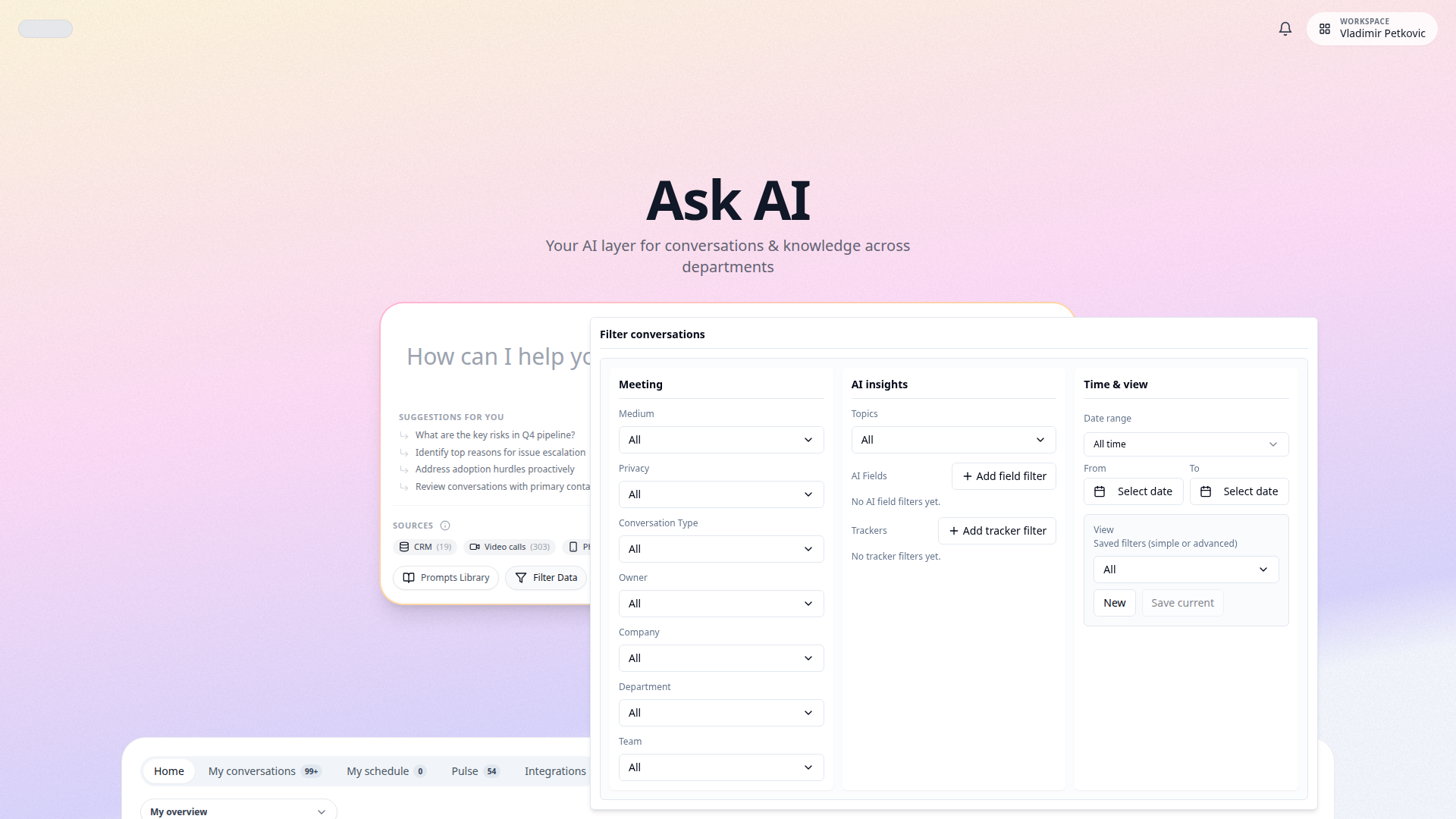 Ask active filters and filter conversations panel